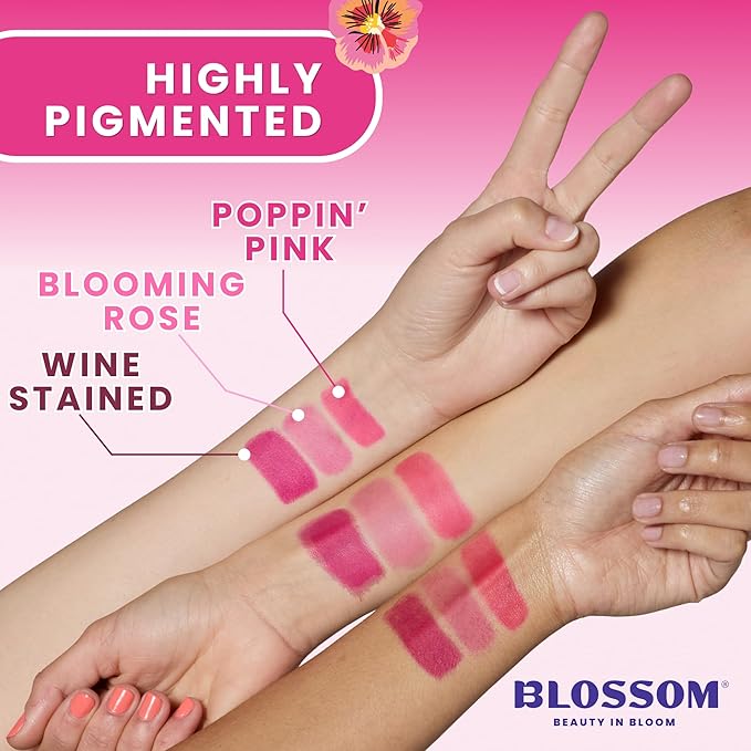 Blossom Lip Gloss Color Lock Lip Stain & Tint, Hydrating, Longlasting, Buildable, Non Drying, Smudgeproof + Transfer Proof, Made in USA with Doe Foot Applicator, 0.14oz, Poppin' Pink