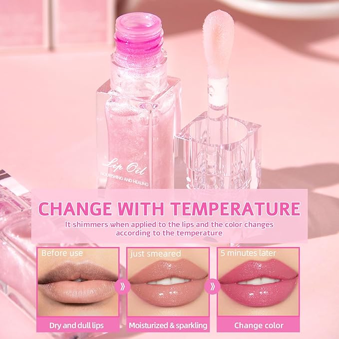 Erinde Magic Color Changing Lip Oil, Moisturizing Lip Glow Oil, Plumping Shimmer Big Brush Tinted Lip Balm, Long Lasting Nourishing Non-sticky Fresh Texture Lip Gloss