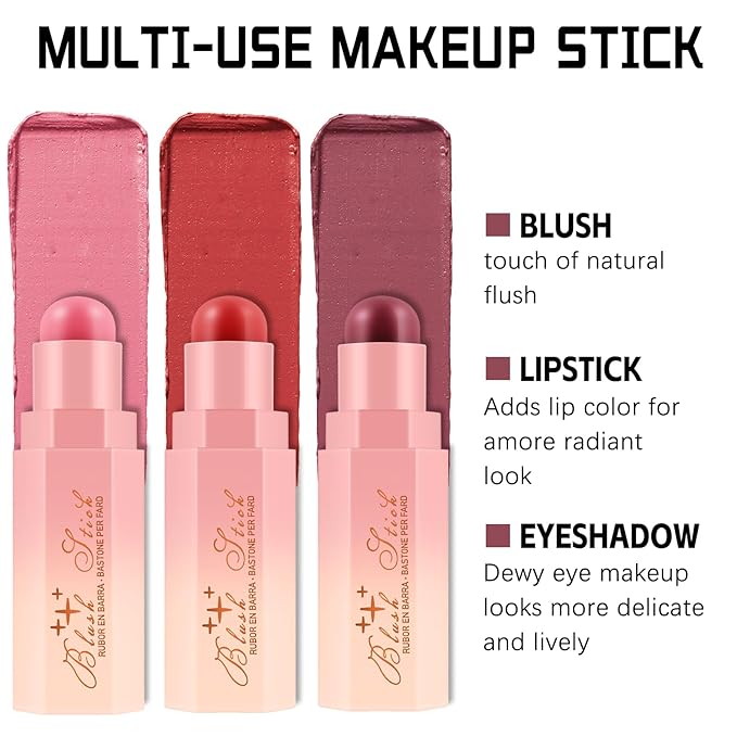 Matte Cream Blush Stick for Cheeks,Blendable Color,Long Lasting Blusher,Highly Pigmented,Non-Greasy,Multi-Stick