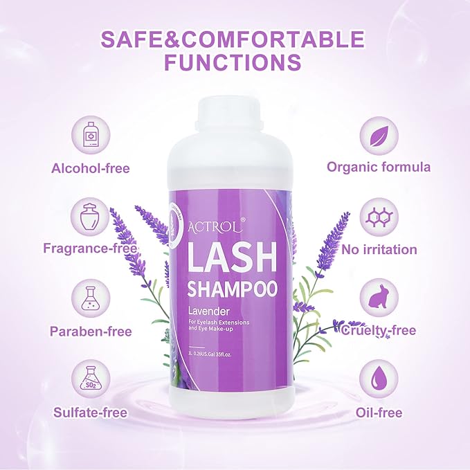 Eyelash Extension Cleanser Lavender 1L Natural Lash Extension Shampoo Professional Eyelid Foaming Cleanser Paraben & Sulfate Free Non-lrritating with Salon and Home Care
