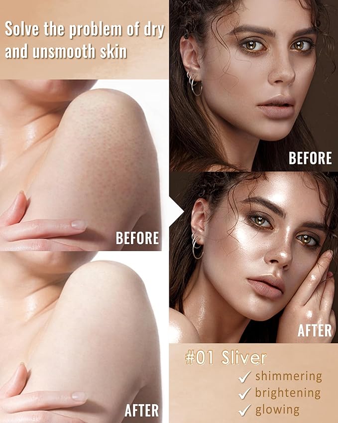 Body Shimmer Glow Oil, Waterproof Long Lasting Face Brighten Sliver Luminizer, Moisturizing Hydrating Body Liquid Illuminator Highlighter Women Makeup, Shiny Diamond Face Glitter for Festive Party#01