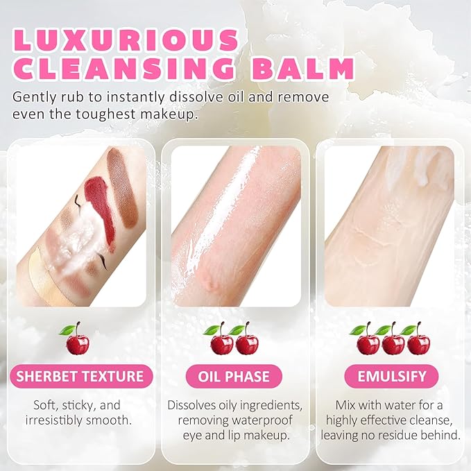 Cleansing Balm Makeup Remover - 3.38 Oz Cherry Scented Moisturizing Hydrating Deep Nourishing Travel-friendly Smooth Face Cleanser Makeup Remover Clear Cleansing Balm for All Skin Types