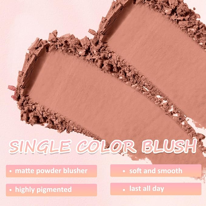 Boobeen Powder Blush Matte Single Color Blush, Pressed Blush Face Makeup Blusher High Pigment Blush for Colorful, Long-wear Glow, Natural Flush Tint for Cheeks (C06)