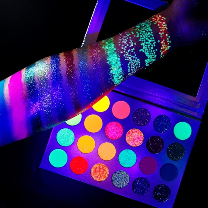 DE'LANCI Neon Eyeshadow Palette 24 Color + Lipstick Pallet 25 Color UV Blacklight Matte and Glitter Shade, Colorful Makeup Set for Christmas Halloween Cosplay Face Body Eyes Makeup Ket