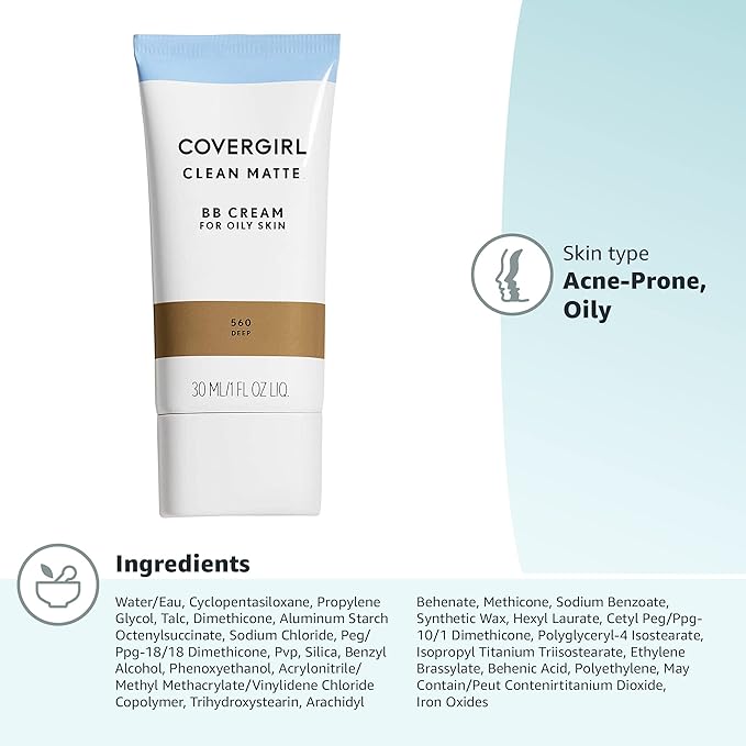 COVERGIRL Clean Matte BB Cream Deep 560 For Oily Skin, (packaging may vary) - 1 Fl Oz (1 Count) (Pack of 4)