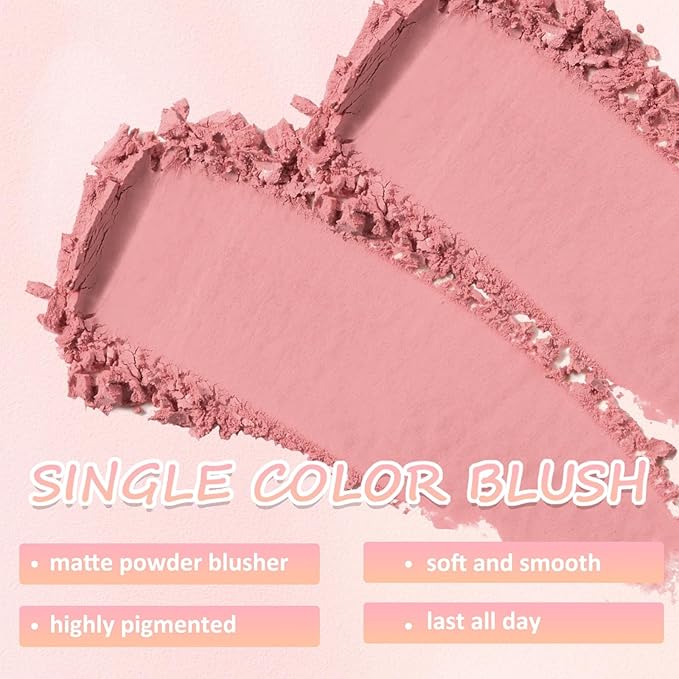 Boobeen Powder Blush Matte Single Color, Pressed Face Makeup Blusher High Pigment for Colorful, Long-wear Glow, Natural Flush Tint for Cheeks