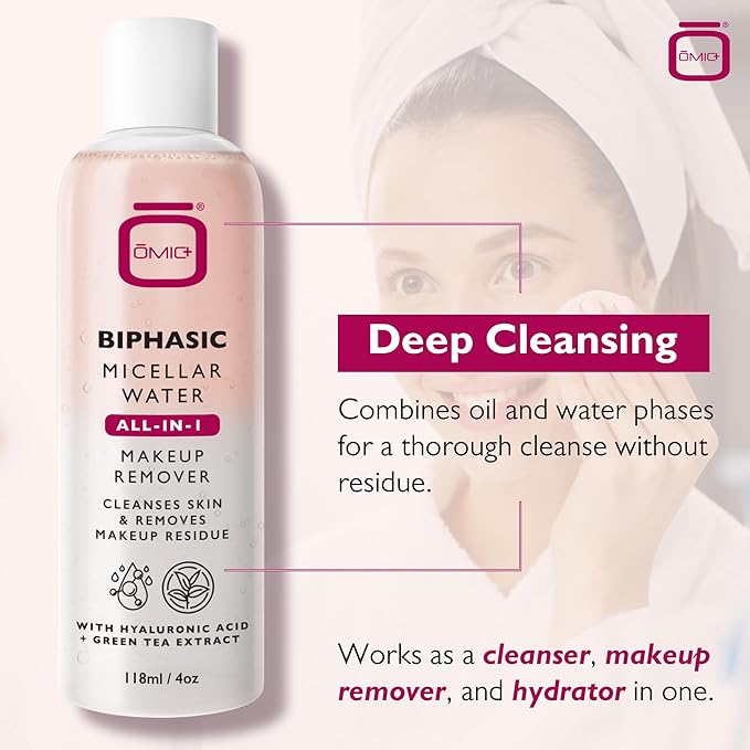 OMIC Biphasic Micellar Water - 4 oz / 118ml - All-in-1 Gentle Makeup Remover & Cleanser - Hydrating Facial Cleanser, Makeup Remover with Hyaluronic Acid and Green Tea Extract for All Skin Types