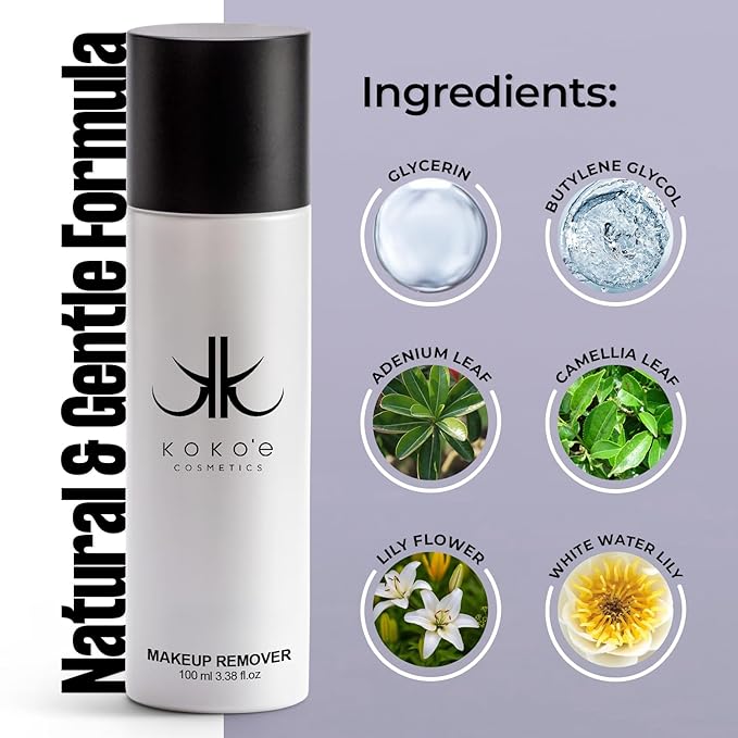 KOKOE Cosmetics Liquid Makeup Remover for Face Care, (3.38 Fl Oz) Oil Free Face Cleaner Liquid for Easy Dirt, Facial Oil and Waterproof Make up Removal, Ideal Make Up Remover for Women and Teen