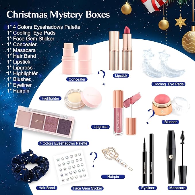 Color Nymph Makeup Kit Mystery Boxes, 12PCS Makeup Sets For Christmas Tree Decors, Xmas Gift Makeup Set For Teens Girls Cosmetic Sets Blind Box Includ Eyeshadows Lipstick Mascara Tools etc - Blue
