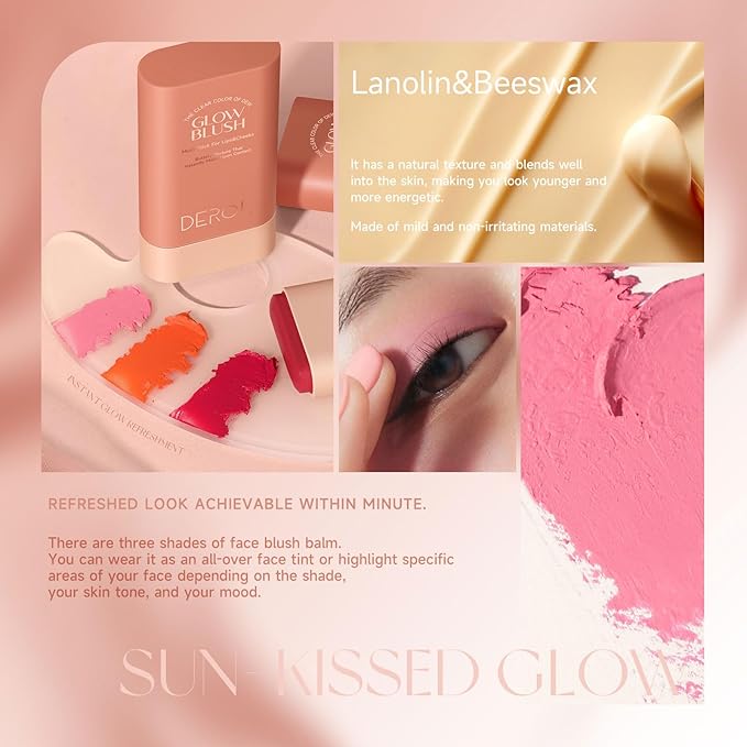 Blush Stick for Cheeks and Lips, On-the-Go Glow Blush, Hydrating Solid Cheek Tint, Multi-use Blush Makeup Stick, Tinted Moisture Sticks, Beautiful Natural Shades (01#Fleur)