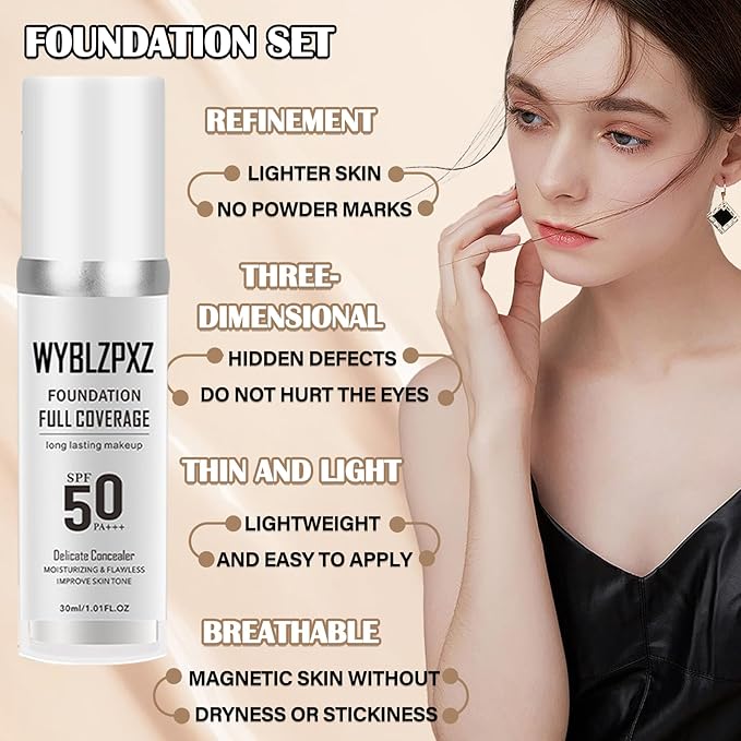 2PCS Color Changing Makeup Foundation Set with Brushes & Makeup Sponge,Flawless Full Coverage Foundation SPF50 PA+++,Moisturizing Non-greasy Liquid Foundation for Women