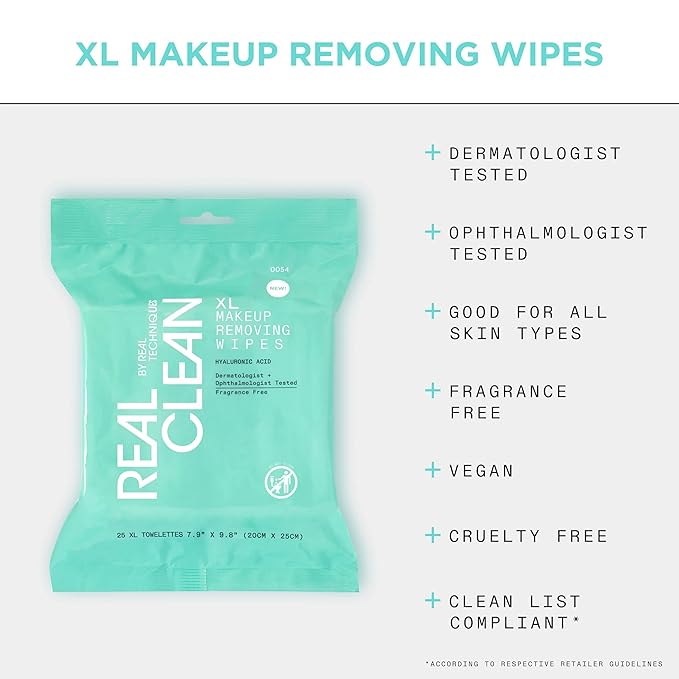 Real Techniques Real Clean Collection Bundle, XL Makeup Removing Wipes, Face Erase Makeup Removing Balm, In-The-Clear Eye Makeup Remover, Reusable Makeup-Removing Pads, Gently Removes Makeup, 4 Items