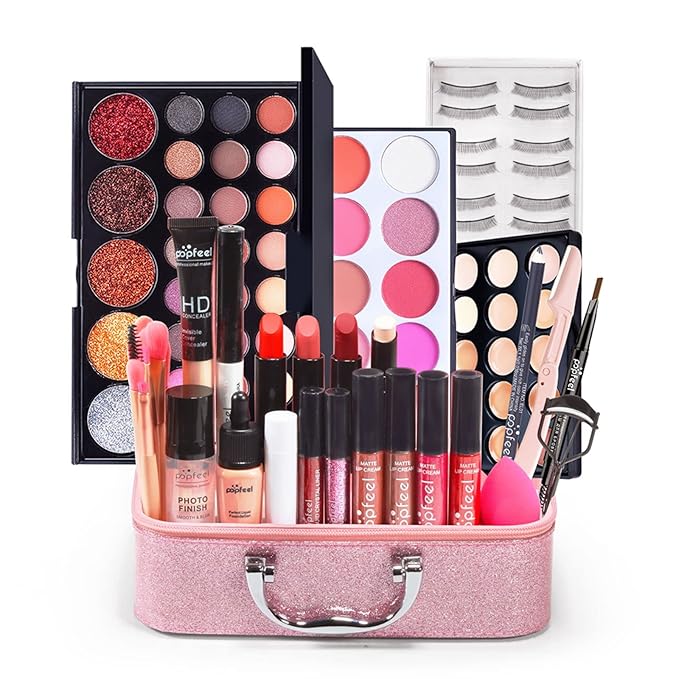 Pure Vie All-in-One Holiday Gift Surprise Makeup Set Essential Starter Bundle Include Eyeshadow Palette Lipstick Concealer Blush Mascara Eyeliner Face Powder Lipgloss Brush - Full Makeup Kit for Women
