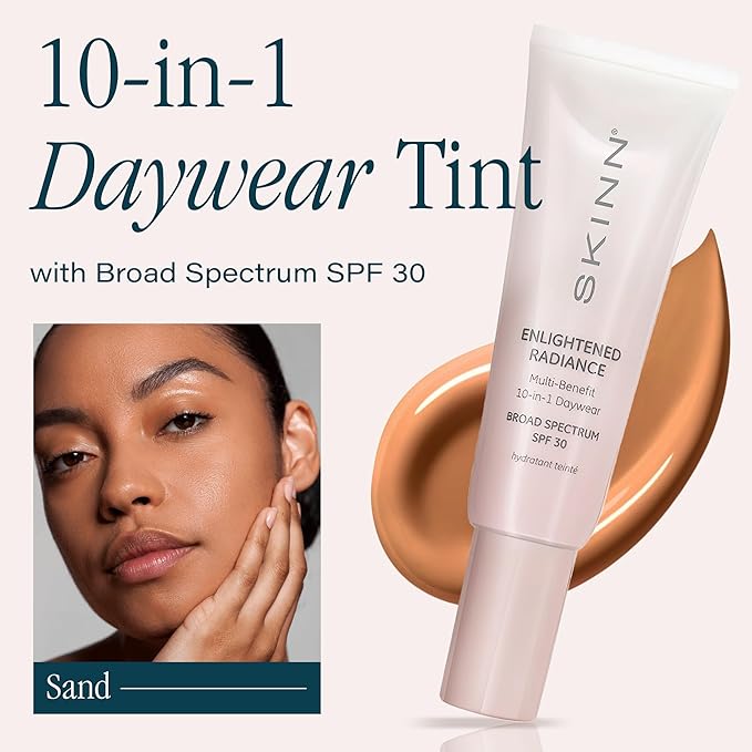 SKINN Enlightened Radiance 10-in-1 Tinted Sunscreen Broad Spectrum with SPF 30, (Sand) - Hydrating & Brightening Tinted Moisturizer for Face, Wrinkles & Fine Line - Lightweight Coverage Skin Tint