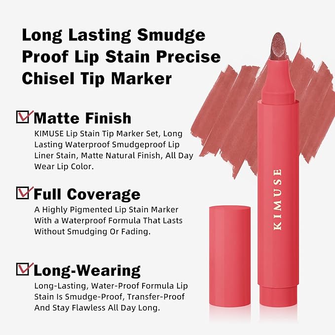 KIMUSE Lip Stain Tip Marker Set, Long Lasting Waterproof Smudgeproof Lip Liner Stain, Matte Natural Finish, All Day Wear Lip Color (Rouge Essentiel)