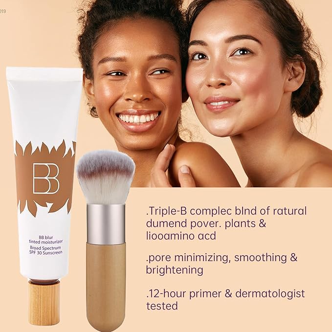 2PCS Bb Cream Tinted Moisturizer With Spf 30, Bb Cream Foundation For Tinted Moisturizer, Smooth & Hydrated, Full Coverage, Broad Sunscreen Spf 30, Bb Tinted Care Primer With Brush (Natural, 2PCS)
