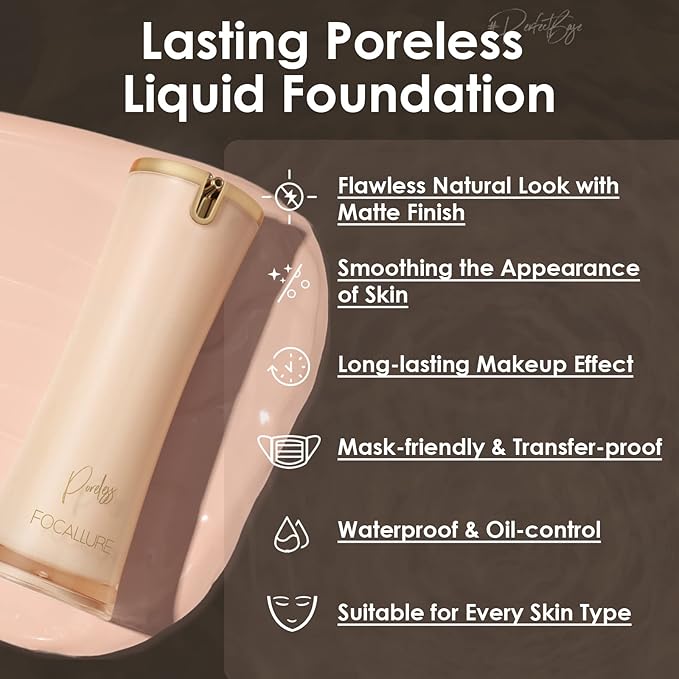FOCALLURE PerfectBase Lasting Poreless Liquid Foundation, Medium to Full Coverage with Matte Finish, Covers Blemishes & Under-Eye Circles for All Skin Types, CP01 ALABASTER