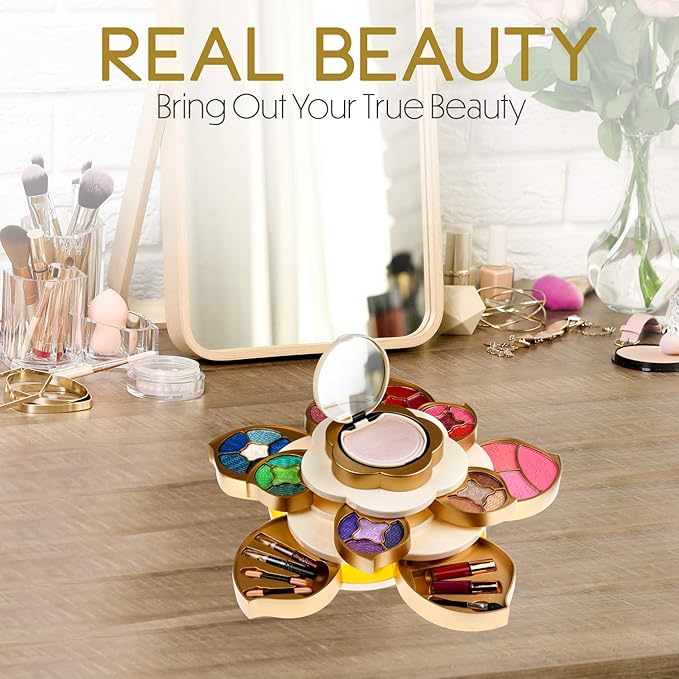 All In One Makeup Kit for Teens and Women - Flower Makeup Set for Girls with Pigmented Eyeshadows, Lip Creams, Blushes, Concealer and Mirror - Full Starter Makeup Gift Set for Beginners