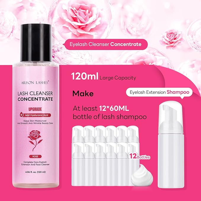 ARISON LASHES Upgraded Lash Shampoo Concentrate 120ml Large Capacity Eyelash Cleanser Professional Lash Extensions Shampoo-Make 24 Bottles 60ml (Rose)
