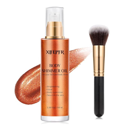 Body Shimmer Oil, Golden Brown Body Luminizer Face Brighten Highlighter Liquid Illuminator with Makeup Brush, Long Lasting Moisturizing Body Glitter Oil for Makeup (3.38 Fl Oz/#04)