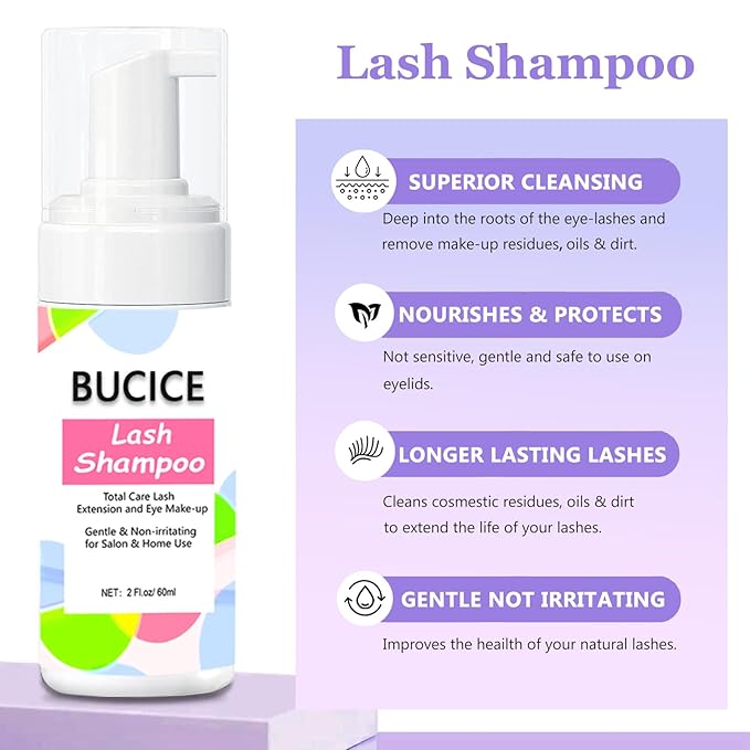 Lash Shampoo Kit - Eyelash Extension Cleaning Set with Lash Fan Dryer and Cleanser - Makeup Cleansing Foams for Lash Care and Aftercare, Purple