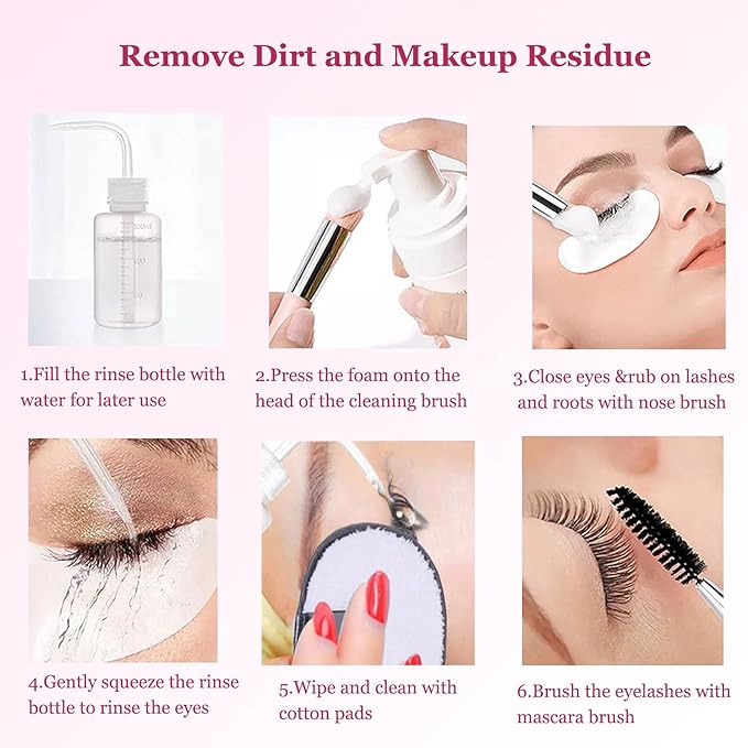 50ml Eyelash Extension Cleanser, Lash Shampoo for Lash Extensions 50pcs Eyelash Brush Cleaning Brush Makeup Remover Pad and Rinse Bottle for Lash Cleaning for Salon Home Use(Black