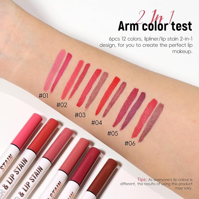 Brown Liquid Lip Liner Red Lip Stain Marker Pen, 2in1 Double Head 2 Color Lip Tint Pencil, Long Lasting Smudge Proof Lightweight Natural Matte Finish All Day Wear Cherry Lip Combo for Women