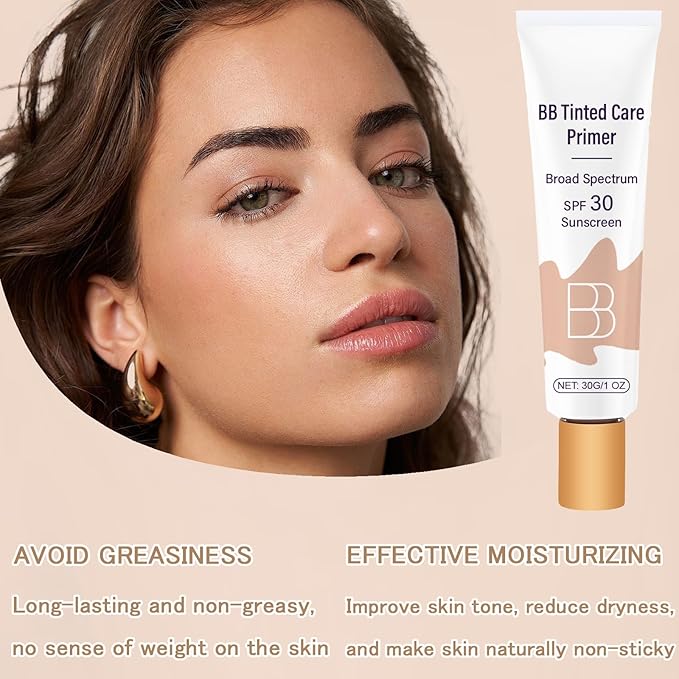 BB Cream Tinted Moisturizer SPF 30, BB Tinted Primer Full Coverage, Even Skin Color Hydrating and Smoothing