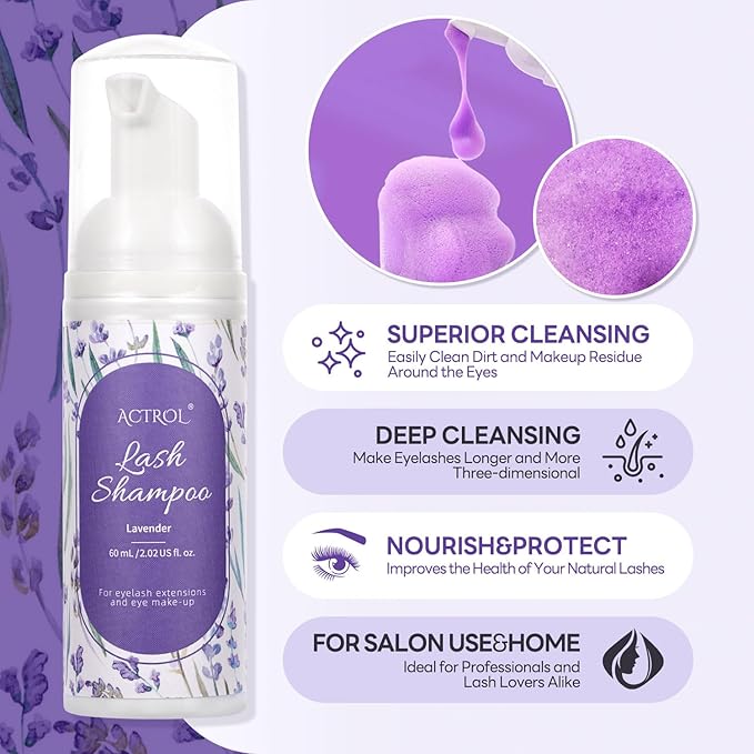 Eyelash Extension Cleanser 60ML Colored Purple Lavender Lash Extension Shampoo Lavender Professional Eyelid Foaming Cleanser Paraben & Sulfate Free Non-lrritating