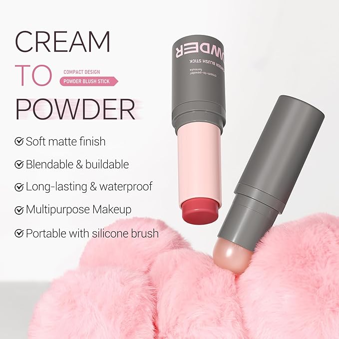 Erinde Blush Stick for Cheeks, Cream to Powder Blush Stick, Matte Blendable Buildable Color, Built-In Silicone Blush Brush, Cream Blush Stick for Cheek, Eyes & Lips, Vegan & Cruelty Free, 02