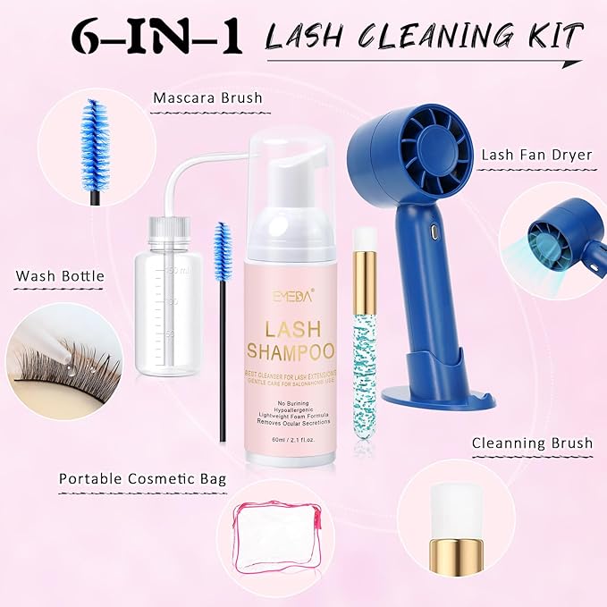 EMEDA Lash Shampoo Kit 2.02 fl oz Lash Cleaning Kit with Rechargeable Fan Dryer/Brush/Rinse Bottle, Oil-free Cleanser Wash for Extensions & Clusters & Natural Lashes, Cleaner for Eyelash Care(Blue)