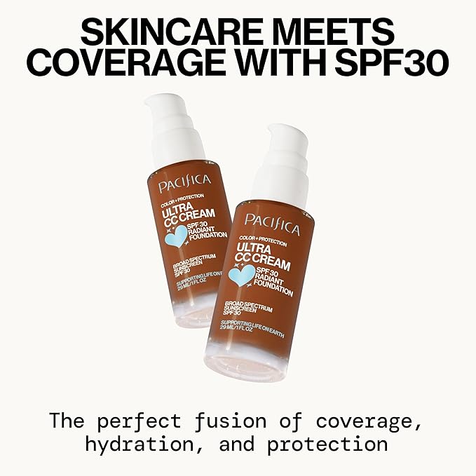 Pacifica Ultra CC Cream Radiant Foundation SPF 17 - Cool-Deep – Medium Coverage Color Correcting Cream, Dewy Finish, Mineral SPF, 1 oz