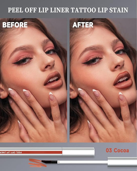 Peel Off Lip Liner Stain, Long Lasting Peel Off Lip Stain Tattoo Lip Gloss Lipstick, Waterproof, Transfer-Proof, High Pigmented Matte Finish Peel Off Lip Stain Makeup for Women, Cocoa