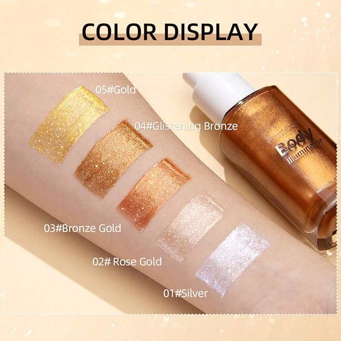 MAEPEOR Body Luminizer 5 Colors Smooth Subtle Shimmer Illuminator Moisturizing Long Lasting Summer Glow for Face and Body (40ML, 02 Rose Gold)