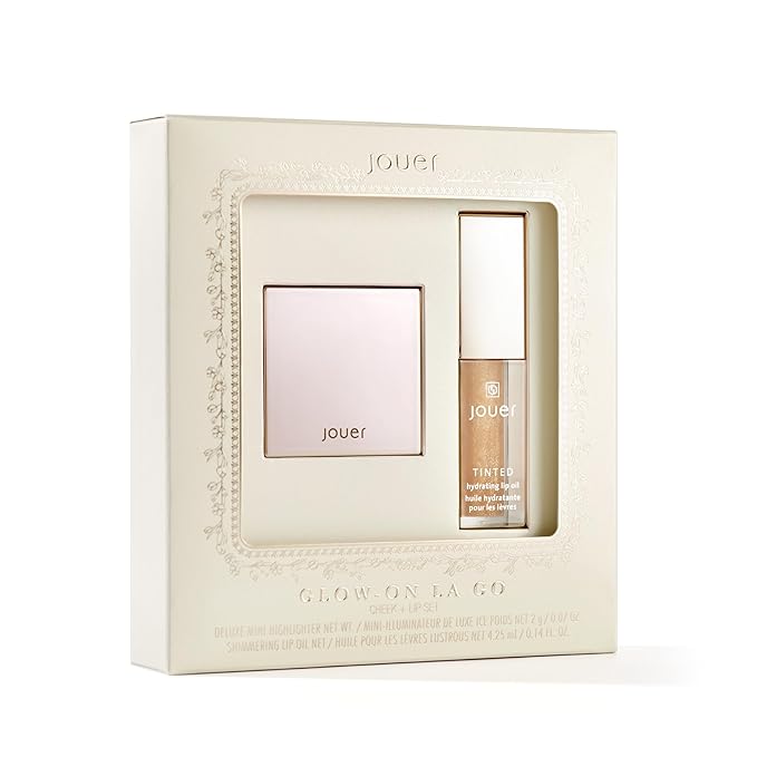 Jouer Glow On La Go Cheek & Lip Set - Deluxe Ice Highlighter + Diamond Shimmering Tinted Lip Oil - Highlighter Powder for Face - Luminizing Powder & Shimmer Lip Oil