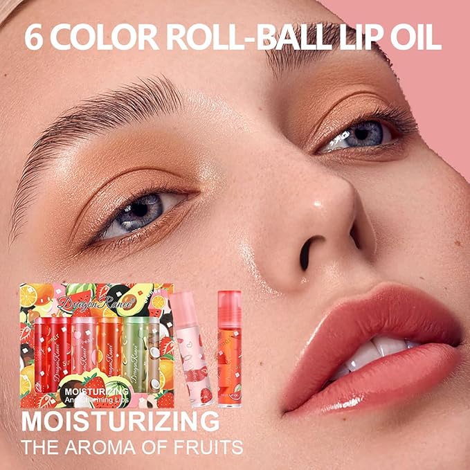 6 Pcs Fruit Roll-on Lip Gloss Set, Clear Lip Gloss Crystal Jelly Liquid Lipstick, Plumping Lip Oil Moisturizing Hydrating Non-Sticky, Nice Gift for Women Girl