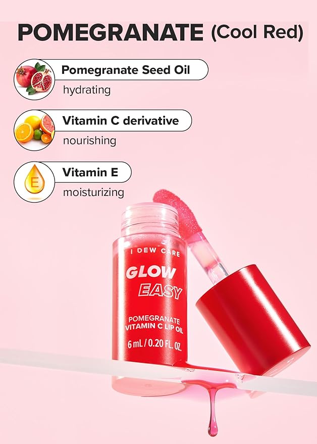 I DEW CARE Lip Gloss - Glow Easy Pomegranate | Jojoba Seed Oil, Vitamin C, Pigmented Glossy Stain, Hydrating, Korean Makeup, Pink Color, Moisturizing, Nourishing Crystal, 0.20 FL Oz