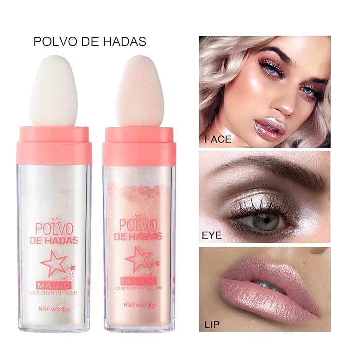 AKARY Body Glitter, Fairy Polvo De Hadas Shimmer Face Highlighter Powder & Blush Stick, Instant Glow Luminizer Duo, Glitter Face Hair High Gloss, Sparkle Smudge-Proof Highlighter Stick Party Makeup (#02 Fairy Pink)