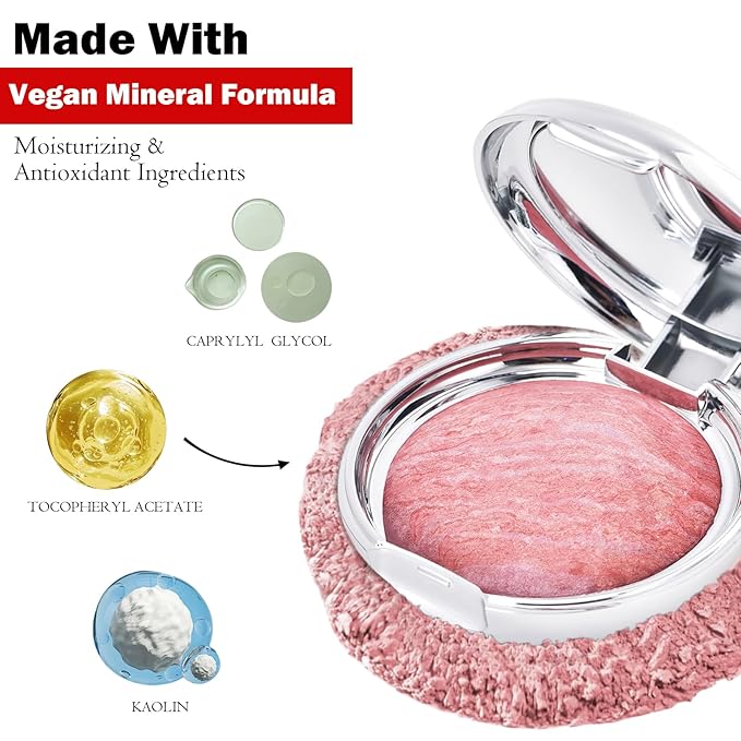 Baked Blush Marbleized Powder Blush for Cheeks, Creamy Lightweight Natural Finish, Infused with Vitamin E, Vegan & Cruelty Free, Talc Free - #003 TROPICAL TRAVEL