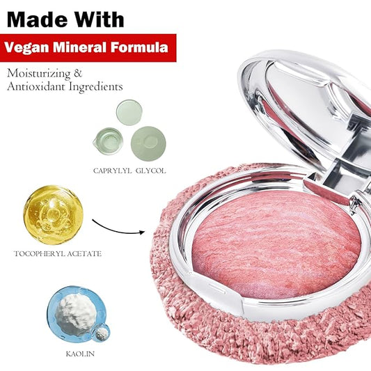 Baked Blush Marbleized Powder Blush for Cheeks, Creamy Lightweight Natural Finish, Infused with Vitamin E, Vegan & Cruelty Free, Talc Free - #003 TROPICAL TRAVEL
