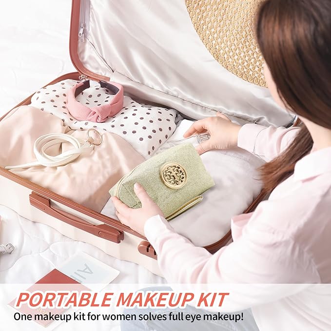 All in One Makeup Kit for Women,15 Color Eye Shadow Makeup Plattete,Waterproof Eyeliner Mascara,3 Color Eyebrow Powder,Eyebrow Stencils,Eyelash Curler,8 Makeup Brushes,Gold/Black Sequin Cosmetic Bag