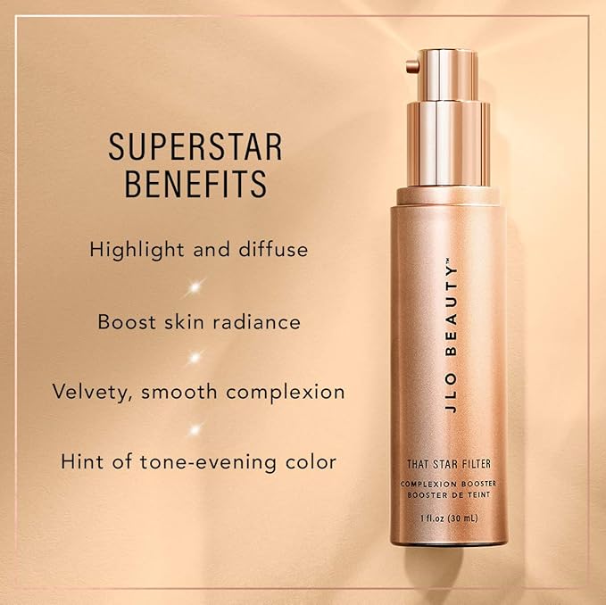 JLO BEAUTY That Star Filter Complexion Booster Highlighter & Bronzing Drops, Rose Gold, 1 fl oz, For Body & Face, Makeup Primer with Vitamin E, Lightweight Shimmer Sheer Formula, Dewy, Glowy Skin