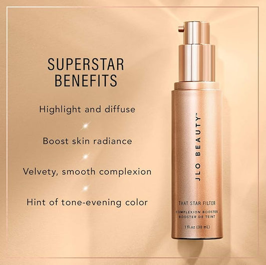 JLO BEAUTY That Star Filter Complexion Booster Highlighter & Bronzing Drops, Rose Gold, 1 fl oz, For Body & Face, Makeup Primer with Vitamin E, Lightweight Shimmer Sheer Formula, Dewy, Glowy Skin