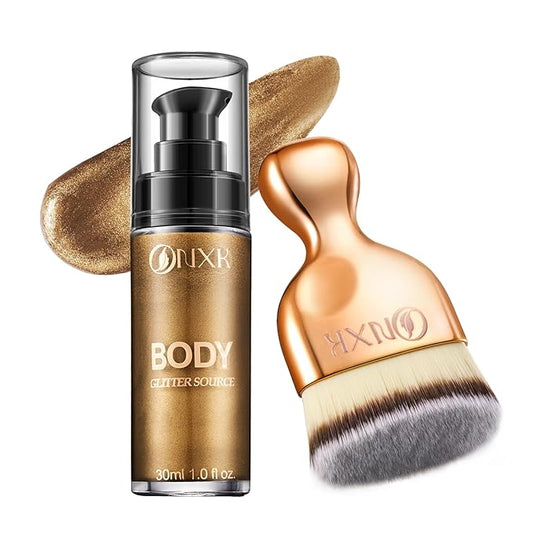Body Glitter Oil Liquid Luminizer - Glow Hightlighter Shimmer Oil Illuminator Waterproof Long Lasting Moisturizing for Body & Face Bronzer Smooth Lotion with Makeup Brush by ONXK(#04 Bronze)