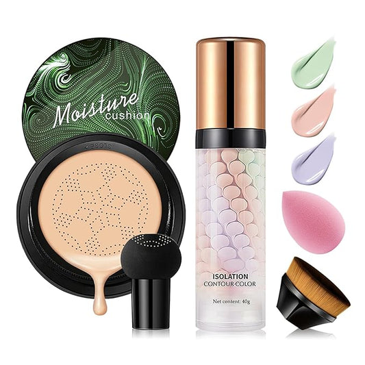2PCS Mushroom Head Air Cushion CC Cream, Moisturizing Primer, Oil Control BB Cream for All Skin Types, Full Coverage Concealer Liquid Foundation Face Makeup Set with Foundation Brush & Makeup Sponge E