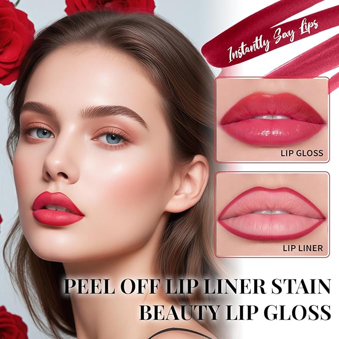 3 Colors Peel Off Lip Liner, Long-Lasting Peel Off Lip Tint for Women Girls, Waterproof Matte Lip Gloss, Non-Stick Cup Tattoo Magic Color Tint, Highly Pigmented Peel Off Lip Liner Stain Makeup
