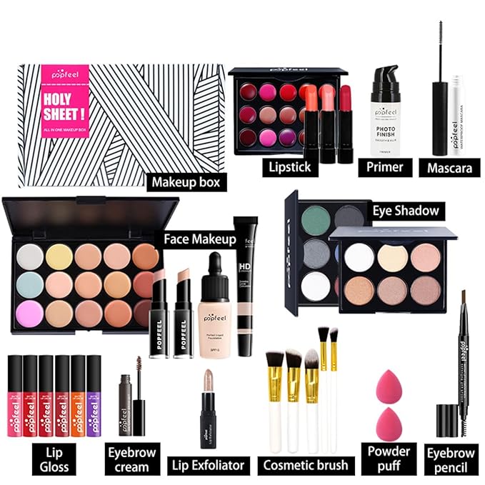Pure Vie All-in-One Holiday Gift Surprise Makeup Set Essential Starter Bundle Include Eyeshadow Palette Lipstick Concealer Blush Mascara Eyeliner Face Powder Lipgloss Brush - Full Makeup Kit for Women
