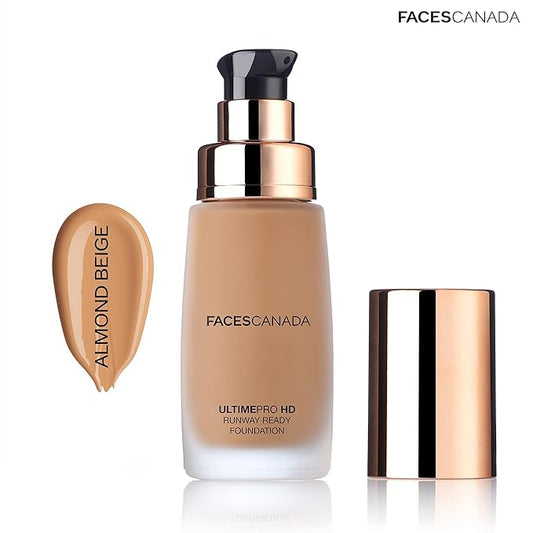 Faces Canada HD Runway Ready Foundation, Red Orange Extract & Gold particles, High Coverage, Oil-Free, Flawless Radiance, Vegan & Cruelty Free, Paraben Free, Almond Beige 06 (Beige), 1.01 Fl Oz
