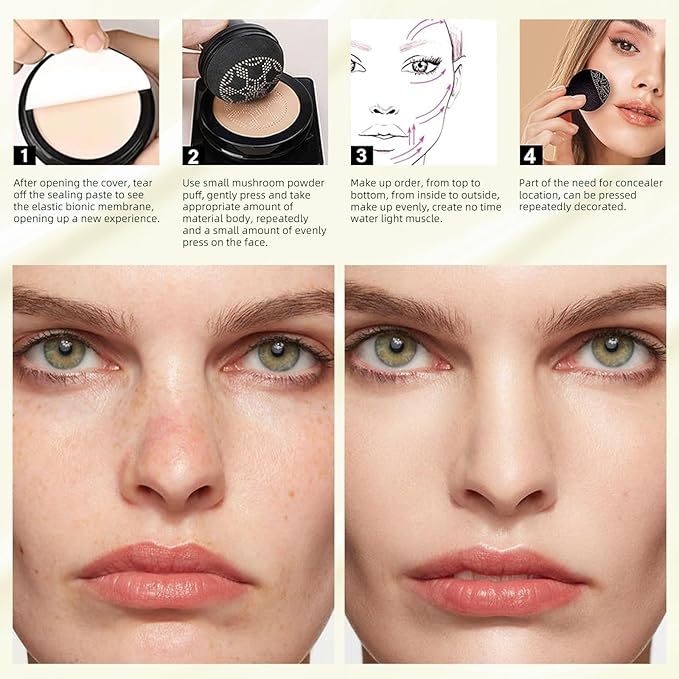 Mushroom Head Air Cushion CC Cream - Long-Lasting & Brightening BB Cream Foundation for Mature Skin, Waterproof & Moisturizing Full Coverage Self Adjusting Concealer for Even Skin Tone (Ivory)