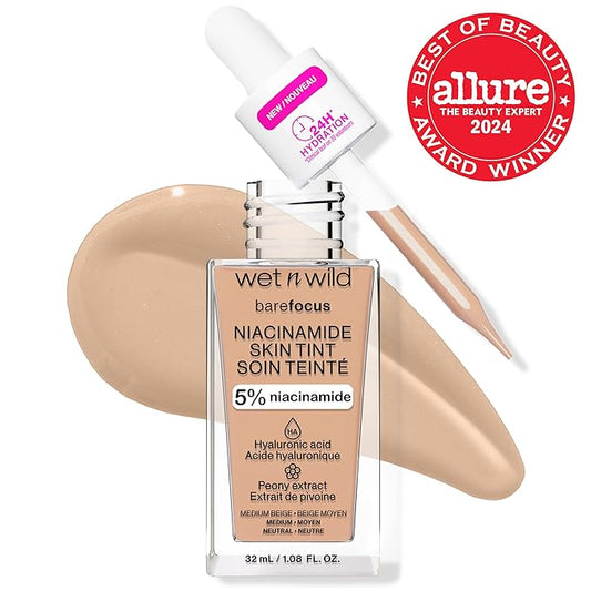 wet n wild Bare Focus Skin Tint, 5% Niacinamide Enriched, Buildable Sheer Lightweight Coverage, Natural Radiant Finish, Hyaluronic & Vitamin Hydration Boost, Cruelty-Free & Vegan - Medium Beige
